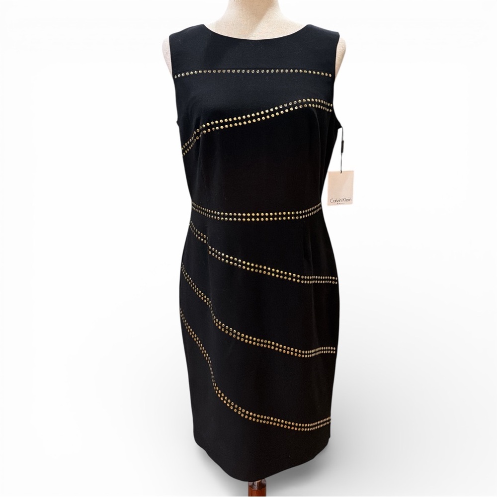 CALVIN KLEIN NWT Gold Studded Black Sheath Dress Size 8